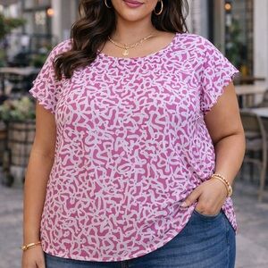 Lane Bryant Flutter Short Sleeve Pink Abstract Blouse Women’s 24 Plus Size